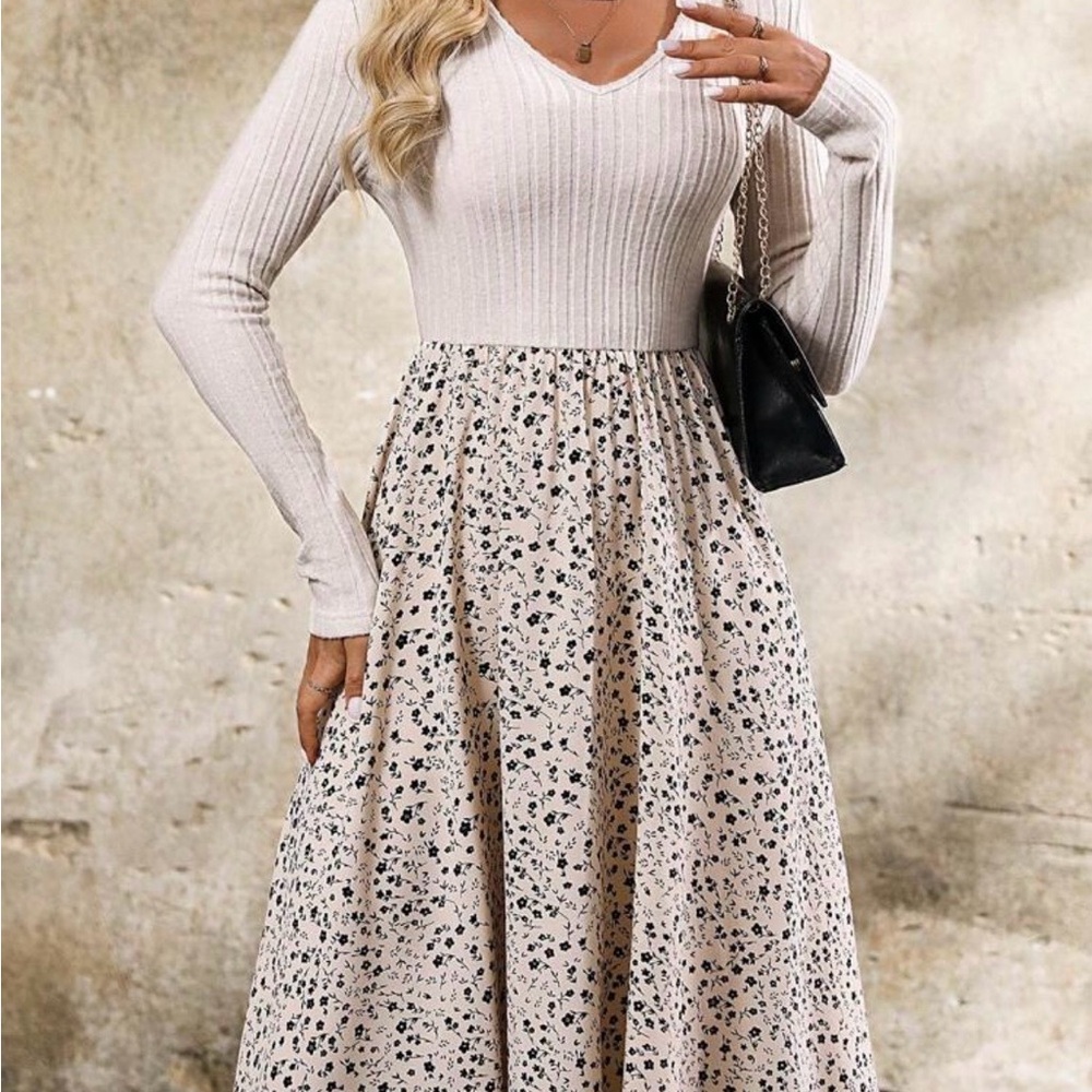 Women's Cream Ribbed Top & Floral Skirt Midi Dress